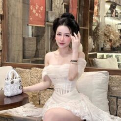 ชุดเดรส ปาดไหล่ ลูกไม้ แต่งระบาย สีขาว-ครีม 2041 Size M BKK