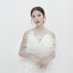 ชุดเดรส สายเดี่ยว ขนนก แต่งโบว์ สีขาว 2122 Size M BKK