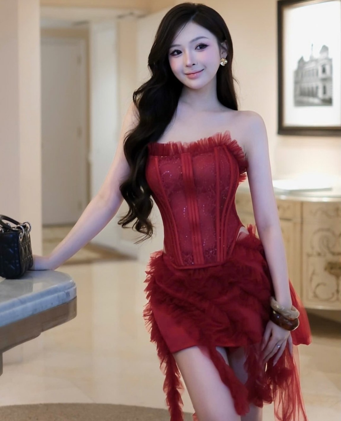 ชุดเซ็ท 2 ชิ้น เสื้อ+กระโปรง แต่งระบาย สีแดง BRAND WABISABI 4013 Size S-M BKK