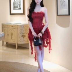 ชุดเซ็ท 2 ชิ้น เสื้อ+กระโปรง แต่งระบาย สีแดง BRAND WABISABI 4013 Size S-M BKK