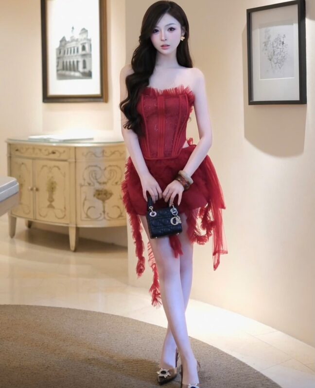 ชุดเซ็ท 2 ชิ้น เสื้อ+กระโปรง แต่งระบาย สีแดง BRAND WABISABI 4013 Size S-M BKK - Image 4