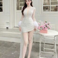 ชุดเดรส กลิตเตอร์ แต่งขน แขนยาว สีขาว 2095 Size XXL BKK