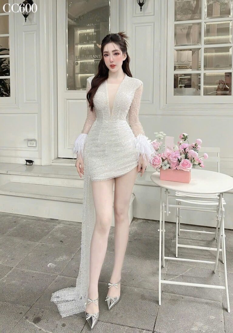 ชุดเดรส กลิตเตอร์ แต่งขน แขนยาว สีขาว 2095 Size XXL BKK - Image 3