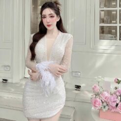 ชุดเดรส กลิตเตอร์ แต่งขน แขนยาว สีขาว 2095 Size XXL BKK
