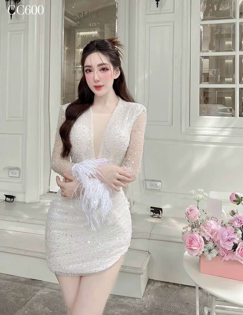 ชุดเดรส กลิตเตอร์ แต่งขน แขนยาว สีขาว 2095 Size XXL BKK - Image 2