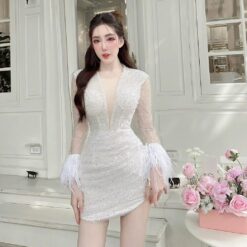 ชุดเดรส กลิตเตอร์ แต่งขน แขนยาว สีขาว 2095 Size XXL BKK