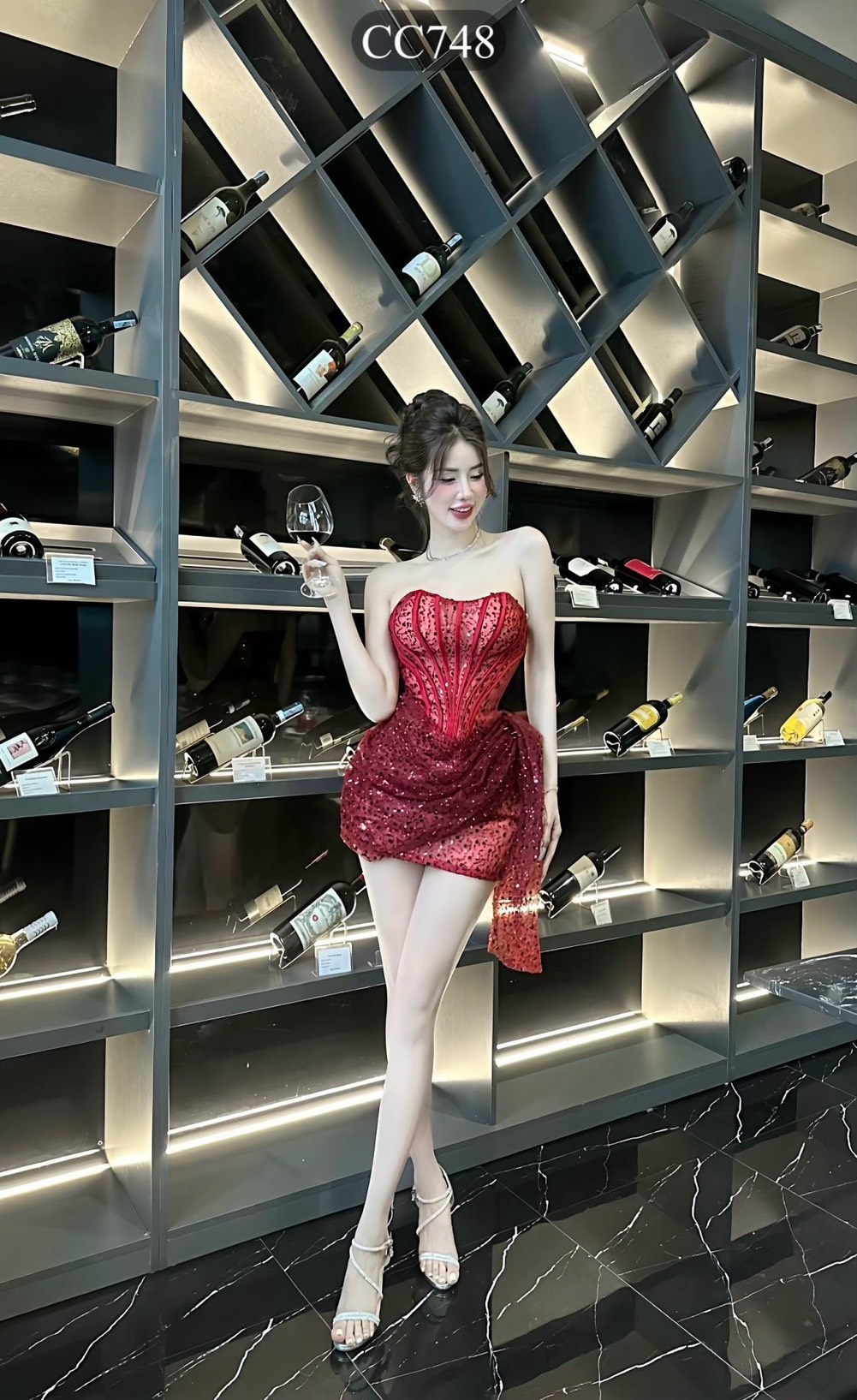 ชุดเดรส เกาะอก กลิตเตอร์ สีแดง-สีดำ Brand HiSo 2140 Size S-M BKK - Image 4