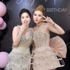 ชุดเดรส เกาะอก แต่งเพชร+โบว์ สีชมพู 2050 Size L BKK