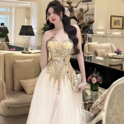 ชุดราตรี เกาะอก แต่งเพชร สีขาว-ครีม Brand HiSo 3043 Size S-M BKK
