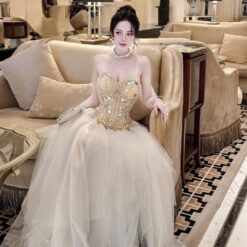 ชุดราตรี เกาะอก แต่งเพชร สีขาว-ครีม Brand HiSo 3043 Size S-M BKK