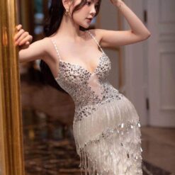 ชุดเดรส-ราตรี แต่งเพชร สีขาว Brand HiSo 3040 Size S-M BKK