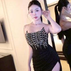 ชุดเดรส-ราตรี สีดำ เกาะอก แต่งเพรช ZEN LULU 3068 ZIZE S-M BKK