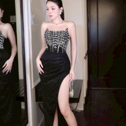 ชุดเดรส-ราตรี สีดำ เกาะอก แต่งเพรช ZEN LULU 3068 ZIZE S-M BKK