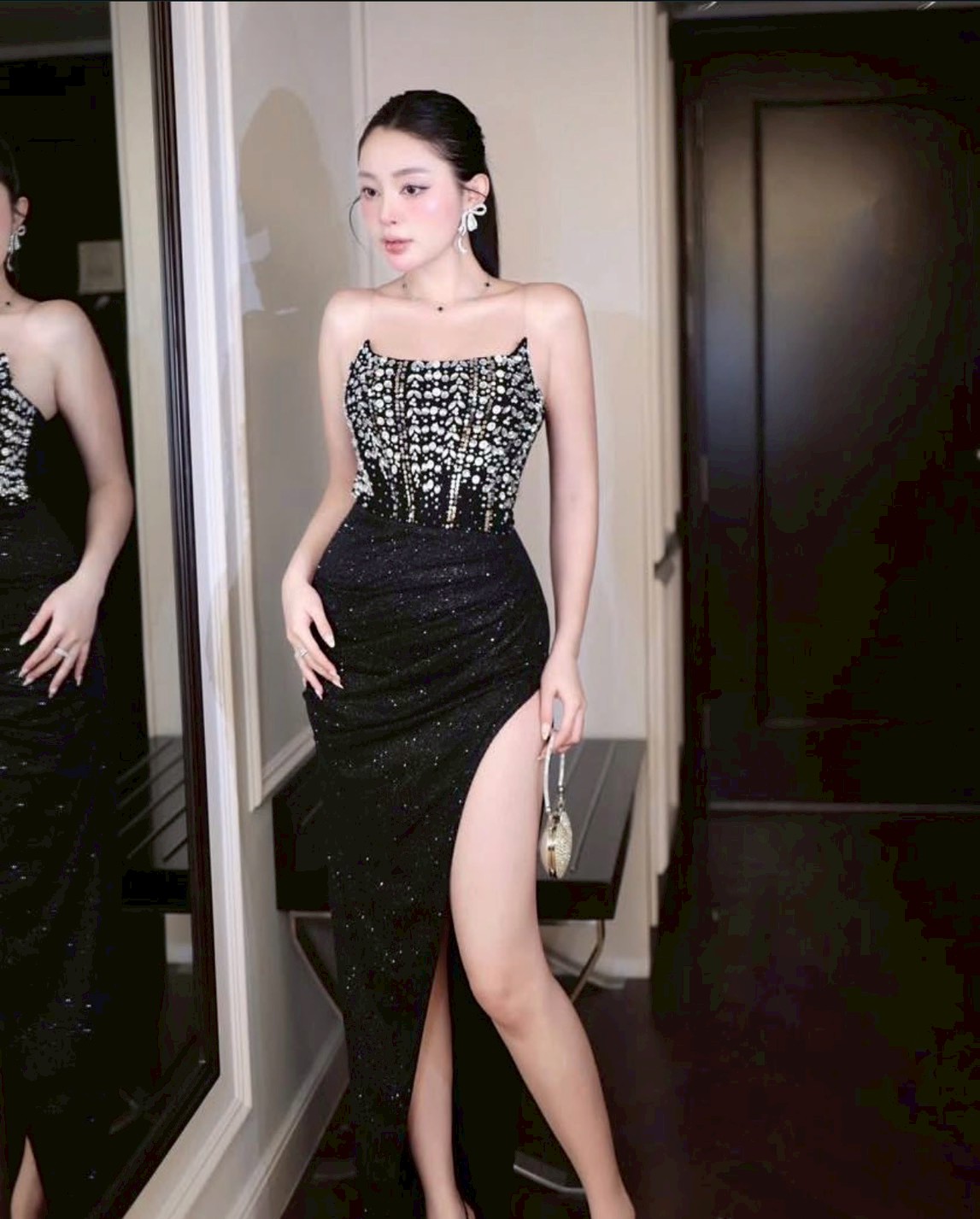 ชุดเดรส-ราตรี สีดำ เกาะอก แต่งเพรช ZEN LULU 3068 ZIZE S-M BKK