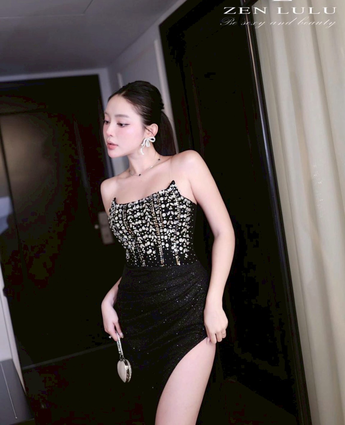 ชุดเดรส-ราตรี สีดำ เกาะอก แต่งเพรช ZEN LULU 3068 ZIZE S-M BKK - Image 2