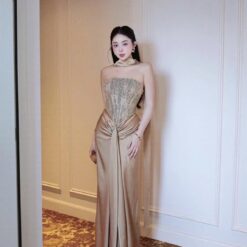 ชุดเดรส-ราตรี เกาะอก สีครีมทอง สีขาว ZEN LULU 3069 SIZE S-M BKK