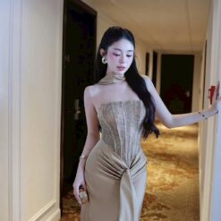 ชุดเดรส-ราตรี เกาะอก สีครีมทอง สีขาว ZEN LULU 3069 SIZE S-M BKK
