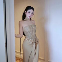 ชุดเดรส-ราตรี เกาะอก สีครีมทอง สีขาว ZEN LULU 3069 SIZE S-M BKK
