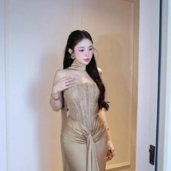 ชุดเดรส-ราตรี เกาะอก สีครีมทอง สีขาว ZEN LULU 3069 SIZE S-M BKK