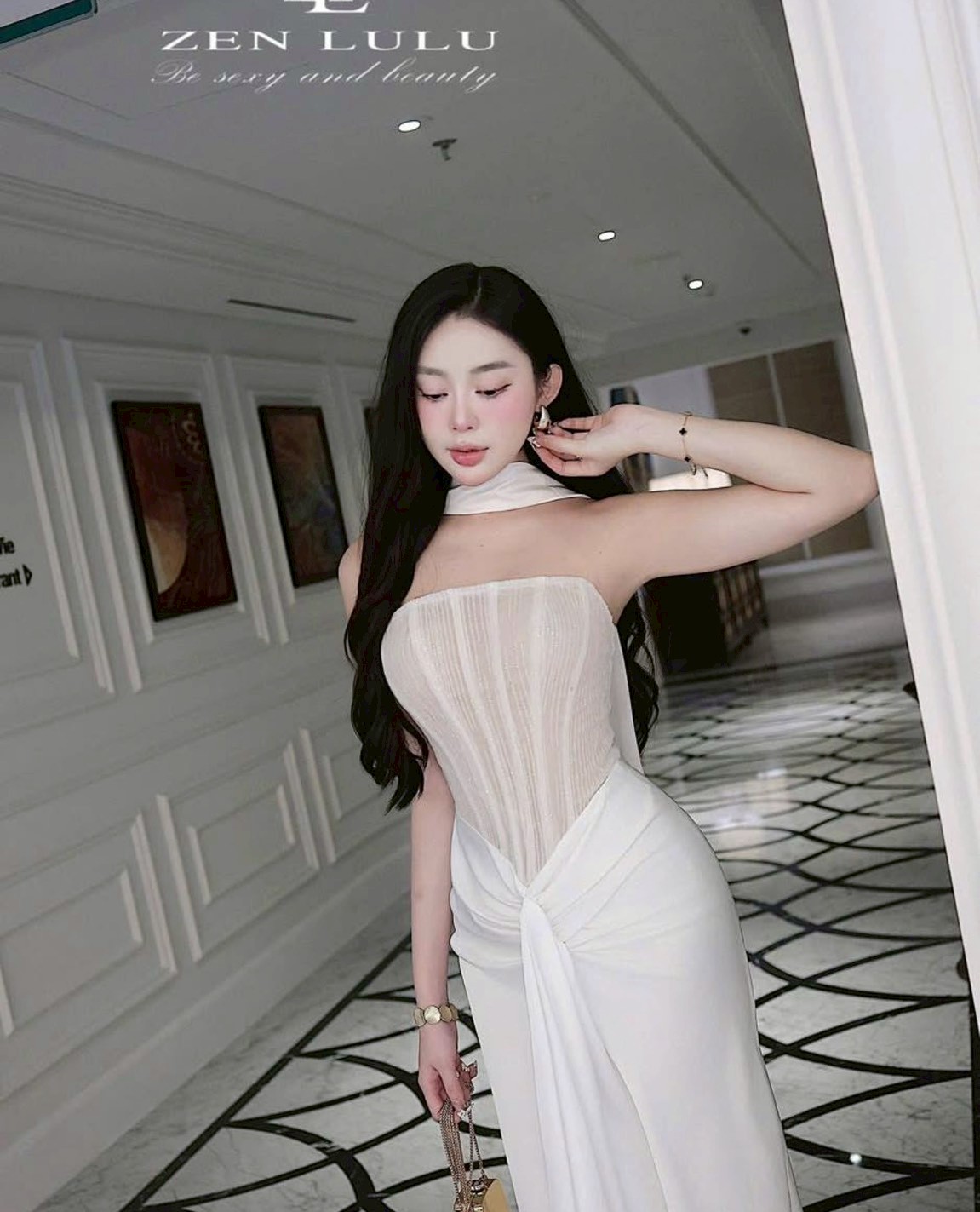 ชุดเดรส-ราตรี เกาะอก สีครีมทอง สีขาว ZEN LULU 3069 SIZE S-M BKK - Image 10