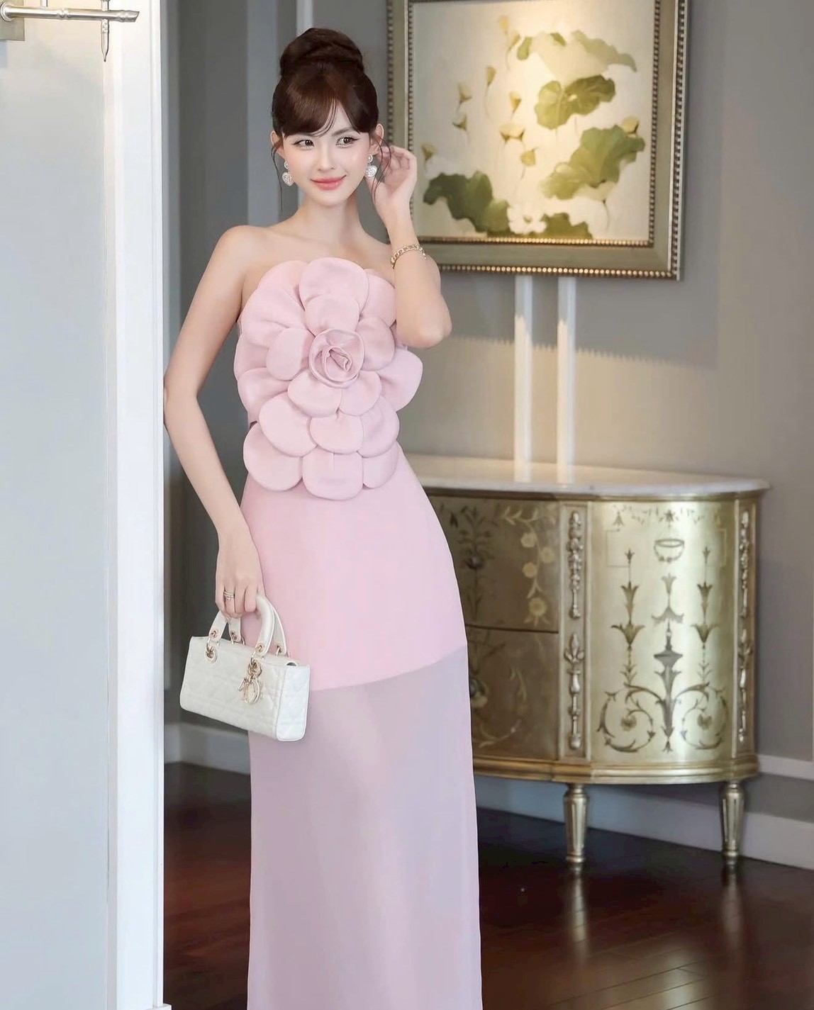 ชุดเซ็ท 2 ชิ้น เกาะอก สีชมพู ดอกกุหลาบ TRANALI 4021 SIZE S-M BKK