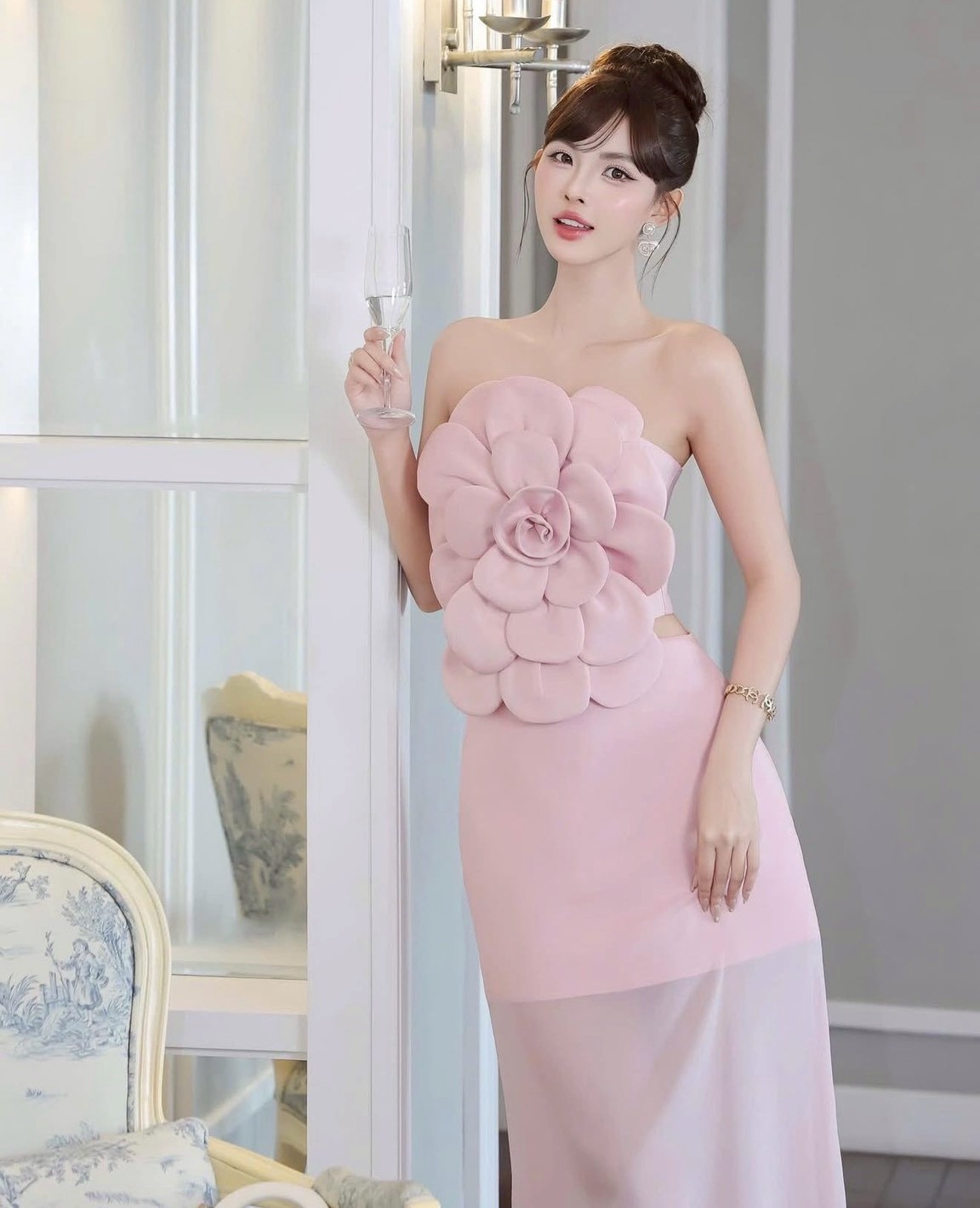 ชุดเซ็ท 2 ชิ้น เกาะอก สีชมพู ดอกกุหลาบ TRANALI 4021 SIZE S-M BKK - Image 2