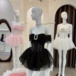 ชุดเดรส ปาดไหล่ แต่งเพรช  สีดำ ZEN LULU 2191 SIZE S-M BKK