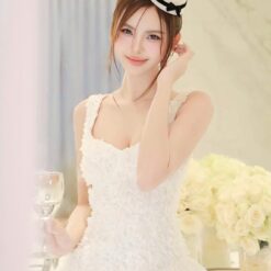 ชุดเดรส สายเดียว แต่งดอกกุหลาบ สีขาว TRANALI 2206 SIZE S-M BKK