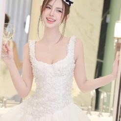 ชุดเดรส สายเดียว แต่งดอกกุหลาบ สีขาว TRANALI 2206 SIZE S-M BKK