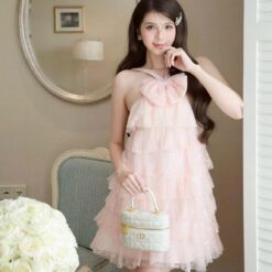 ชุดเดรส แต่งโบว์ สีชมพู TRANALI 2208 SIZE S-M BKK