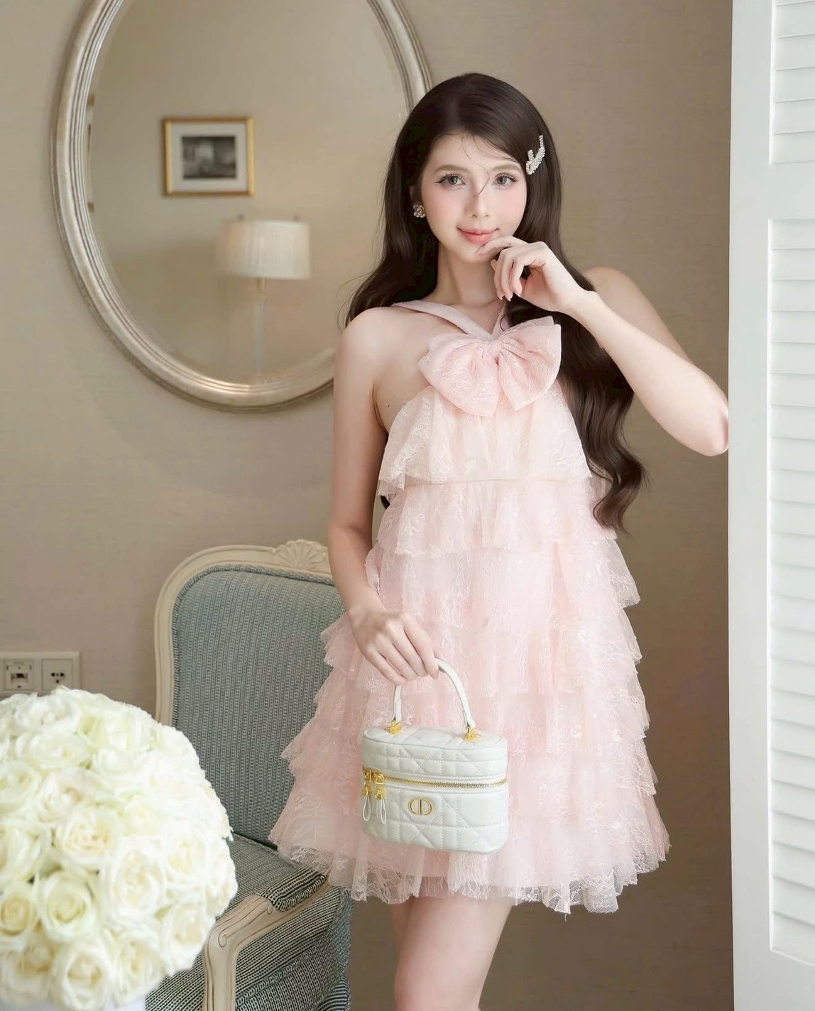 ชุดเดรส แต่งโบว์ สีชมพู TRANALI 2208 SIZE S-M BKK