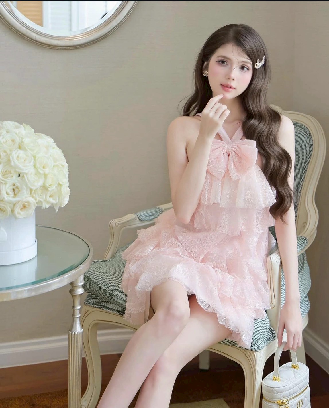 ชุดเดรส แต่งโบว์ สีชมพู TRANALI 2208 SIZE S-M BKK - Image 2