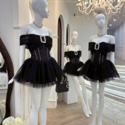 ชุดเดรส ปาดไหล่ แต่งเพรช  สีดำ ZEN LULU 2191 SIZE S-M BKK