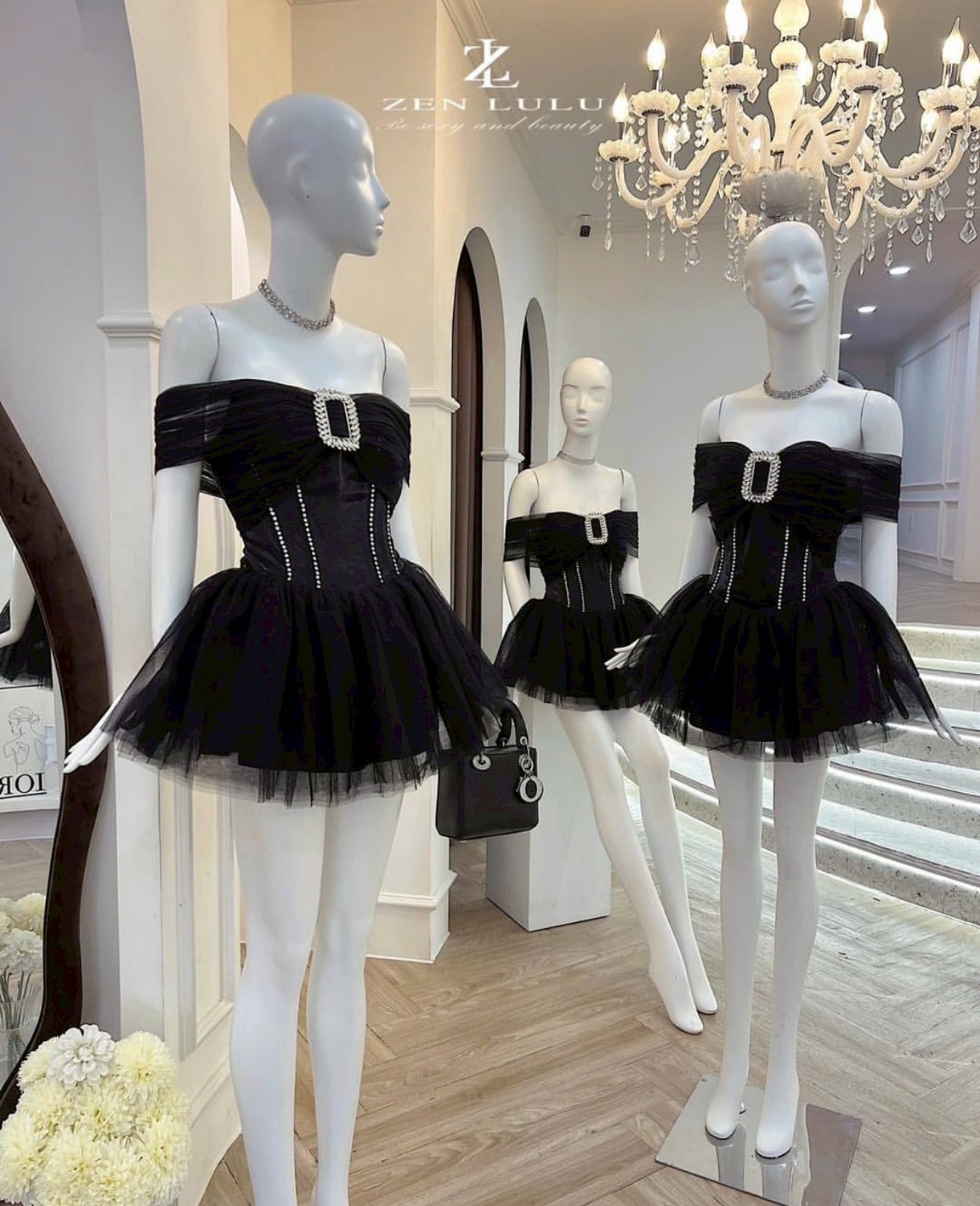 ชุดเดรส ปาดไหล่ แต่งเพรช สีดำ ZEN LULU 2191 SIZE S-M BKK - Image 2