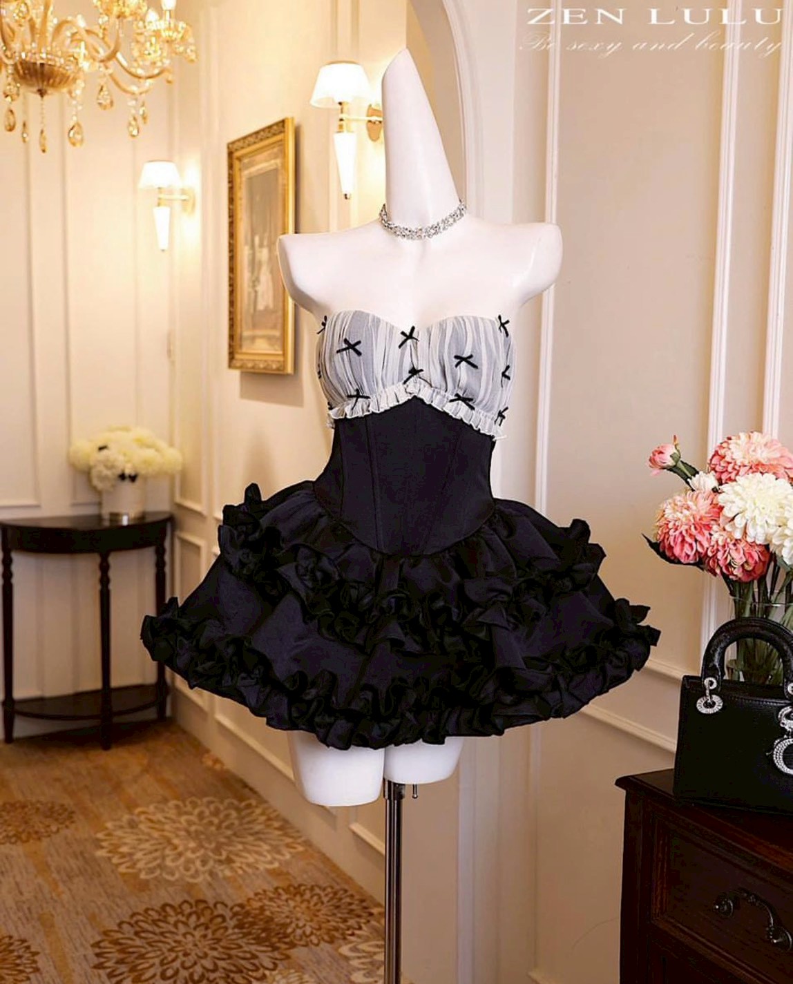 ชุดเดรส เกาะอก กระโปรงบาน สีขาว สีดำ สีชมพู ZEN LULU 2195 SIZE M-L BKK - Image 7