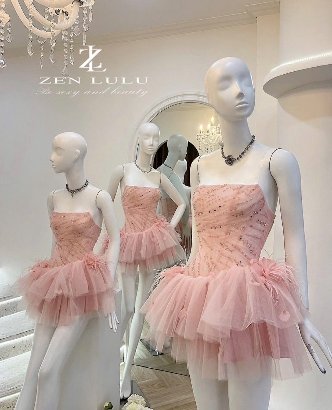 ชุดเดรส เกาะอก กระโปรงฟู แต่งขน สีดำ สีแดง สีชมพู ZEN LULU เวียดนาม 2200 SIZE S-M BKK - Image 2