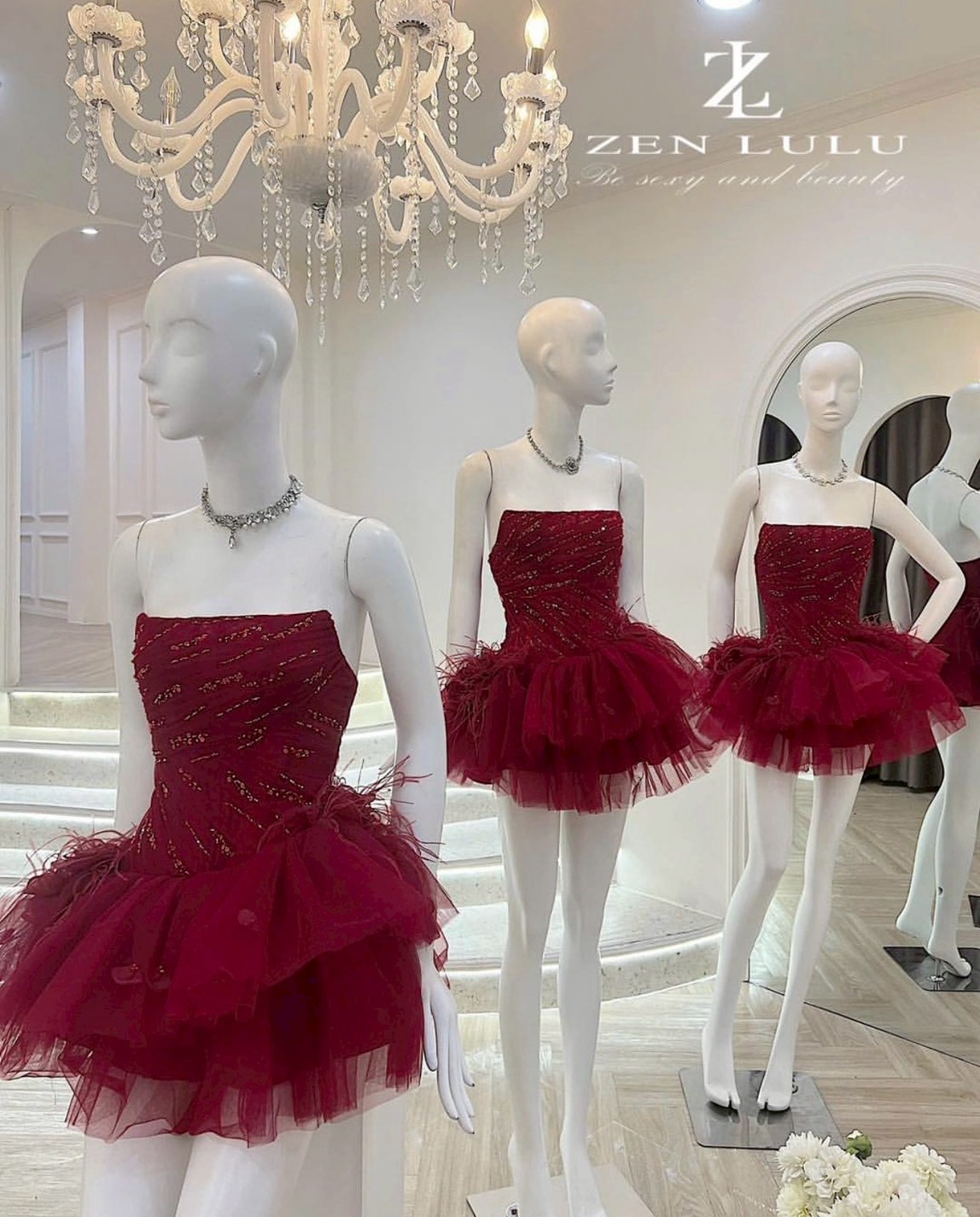 ชุดเดรส เกาะอก กระโปรงฟู แต่งขน สีดำ สีแดง สีชมพู ZEN LULU เวียดนาม 2200 SIZE S-M BKK - Image 5