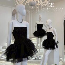 ชุดเดรส เกาะอก กระโปรงฟู แต่งขน สีดำ สีแดง สีชมพู  ZEN LULU เวียดนาม 2200 SIZE S-M BKK