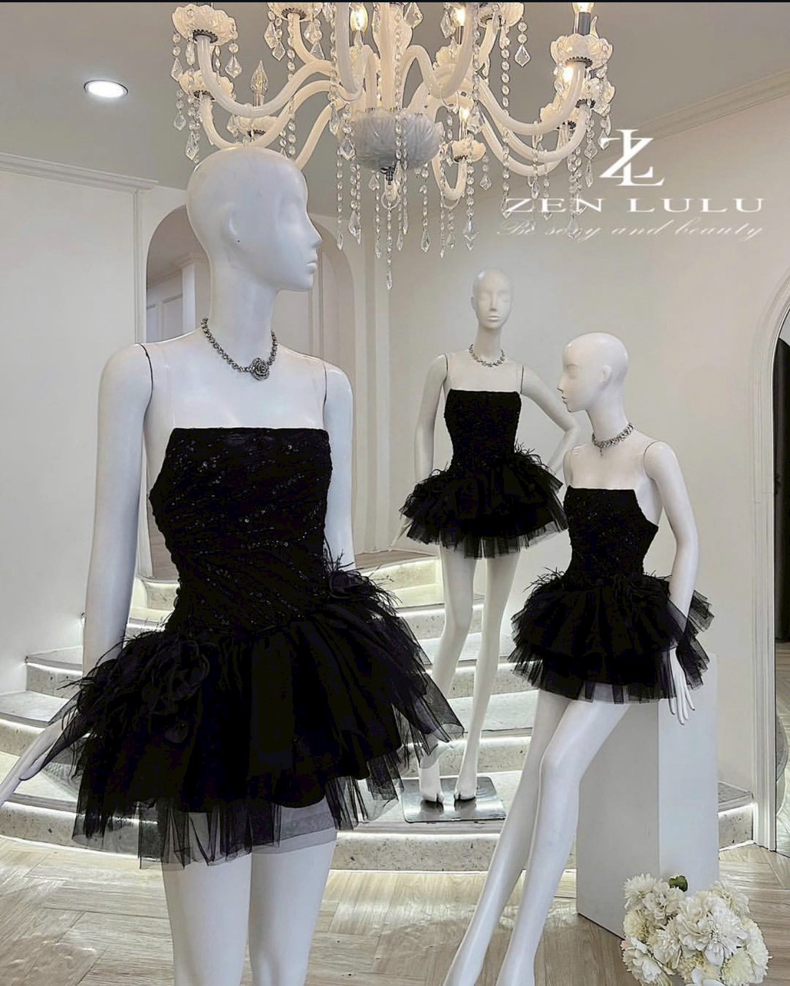 ชุดเดรส เกาะอก กระโปรงฟู แต่งขน สีดำ สีแดง สีชมพู ZEN LULU เวียดนาม 2200 SIZE S-M BKK - Image 3