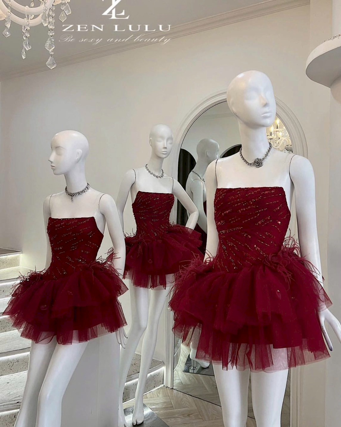 ชุดเดรส เกาะอก กระโปรงฟู แต่งขน สีดำ สีแดง สีชมพู ZEN LULU เวียดนาม 2200 SIZE S-M BKK - Image 4