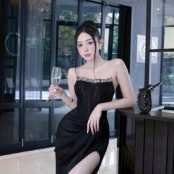 ชุดเดรส-ราตรี เกาะอก แต่งเพรช สีดำ  สีขาว  ZEN LULU 3065 SIZE S-M BKK
