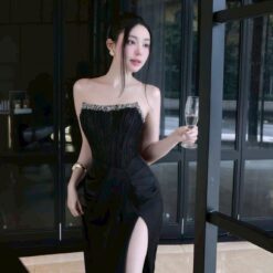 ชุดเดรส-ราตรี เกาะอก แต่งเพรช สีดำ  สีขาว  ZEN LULU 3065 SIZE S-M BKK