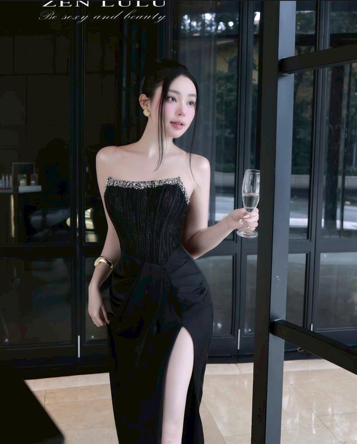 ชุดเดรส-ราตรี เกาะอก แต่งเพรช สีดำ สีขาว ZEN LULU 3065 SIZE S-M BKK - Image 2