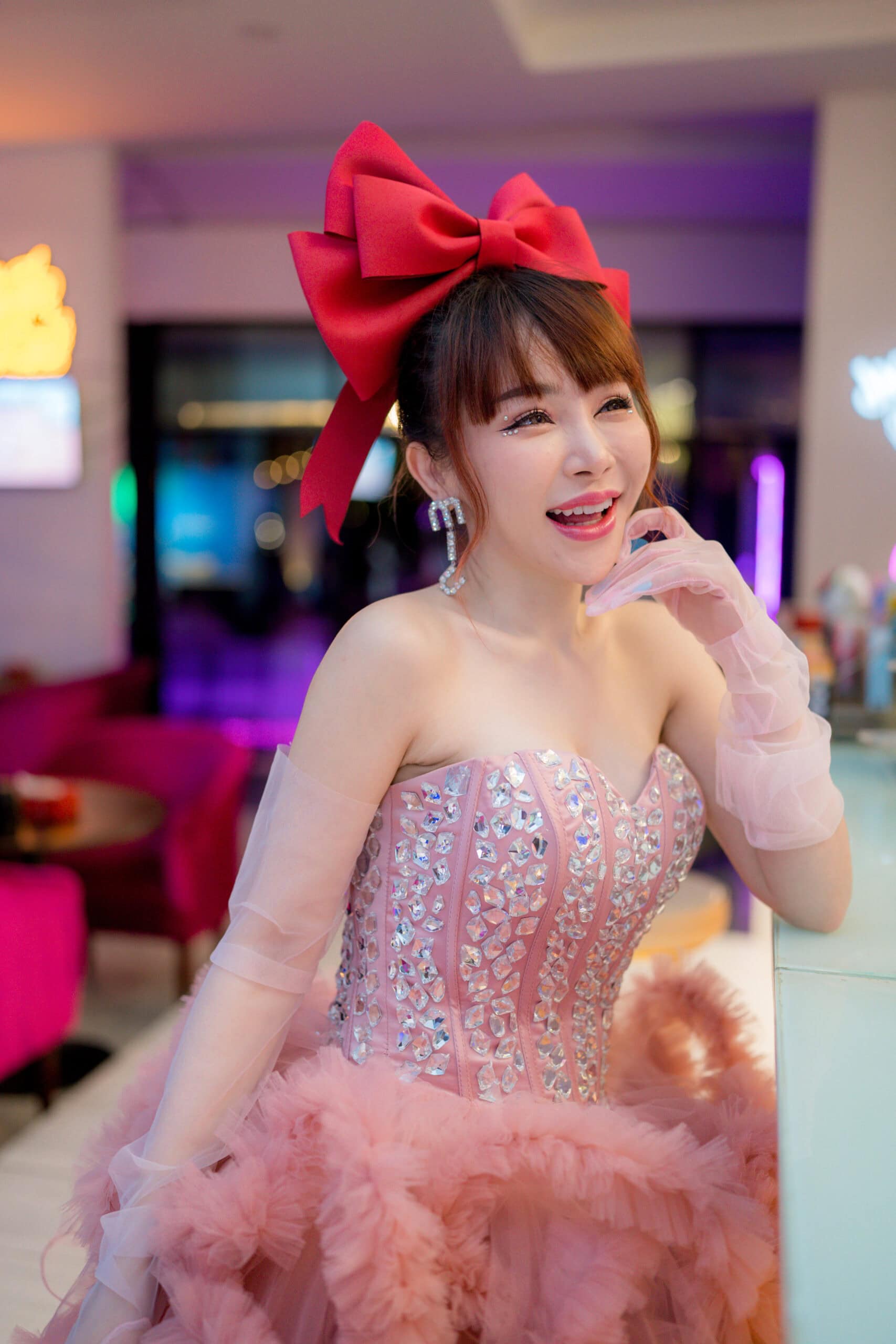 ชุดเดรส ฟูฟอง แต่งเพชร สีชมพู แบรนด์แท้ นำเข้า 2174 Size S-M BKK - Image 6