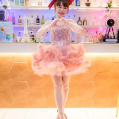 ชุดเดรส ฟูฟอง แต่งเพชร สีชมพู แบรนด์แท้ นำเข้า 2174 Size S-M BKK