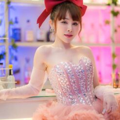 ชุดเดรส ฟูฟอง แต่งเพชร สีชมพู แบรนด์แท้ นำเข้า 2174 Size S-M BKK