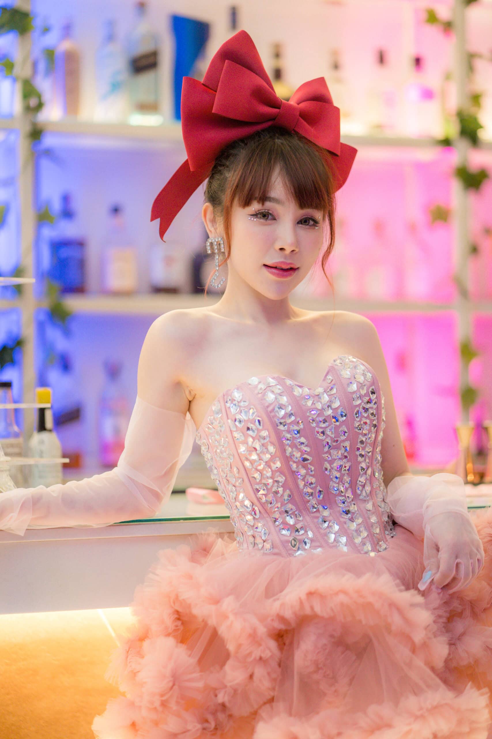 ชุดเดรส ฟูฟอง แต่งเพชร สีชมพู แบรนด์แท้ นำเข้า 2174 Size S-M BKK