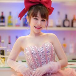 ชุดเดรส ฟูฟอง แต่งเพชร สีชมพู แบรนด์แท้ นำเข้า 2174 Size S-M BKK