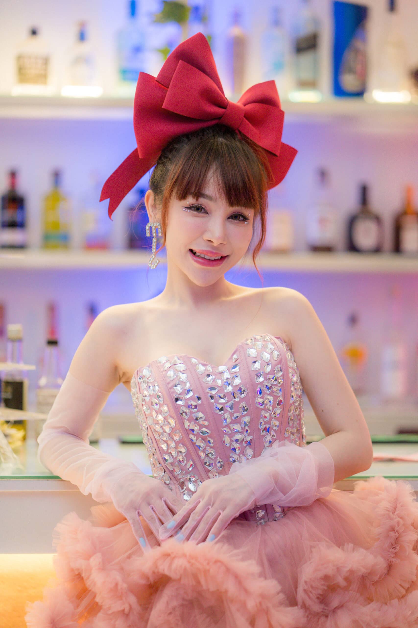 ชุดเดรส ฟูฟอง แต่งเพชร สีชมพู แบรนด์แท้ นำเข้า 2174 Size S-M BKK - Image 2