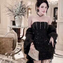 ชุดเดรส เกาะอก แต่งเพชร + ดอก สีชมพู สีดำ Brand HiSo 2185 Size S-M BKK